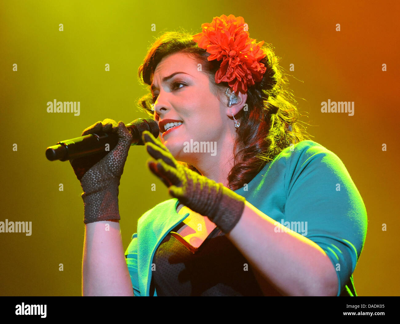 Dutch pop and jazz singer Caro Emerald performs on stage at the