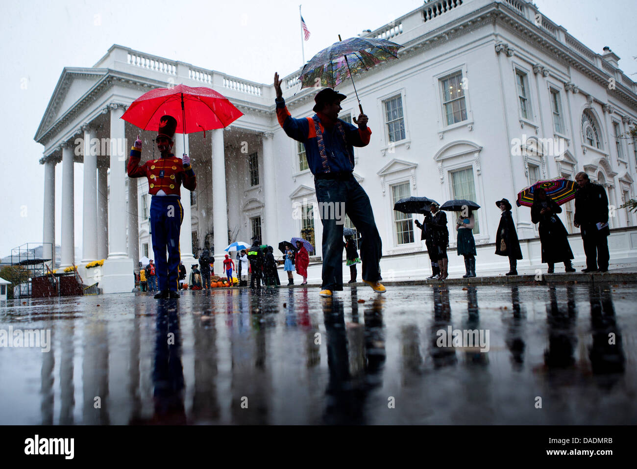 Actors, staff and volunteers wait to greet trick or treaters at the White House in Washington, D.C., Saturday, October 29, 2011. United States President Barack Obama and first lady Michelle Obama hosted military families and other trick or treaters for a Halloween party. .Credit: Brendan Smialowski / Pool via CNP Stock Photo