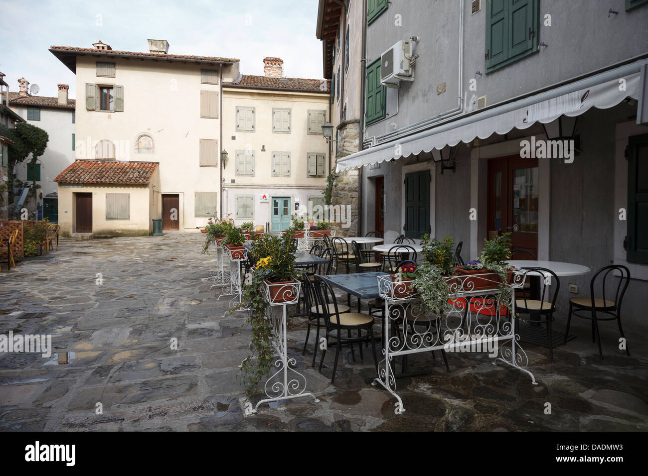 Little square with Restaurant,Grado,Friuli,Italy Stock Photo