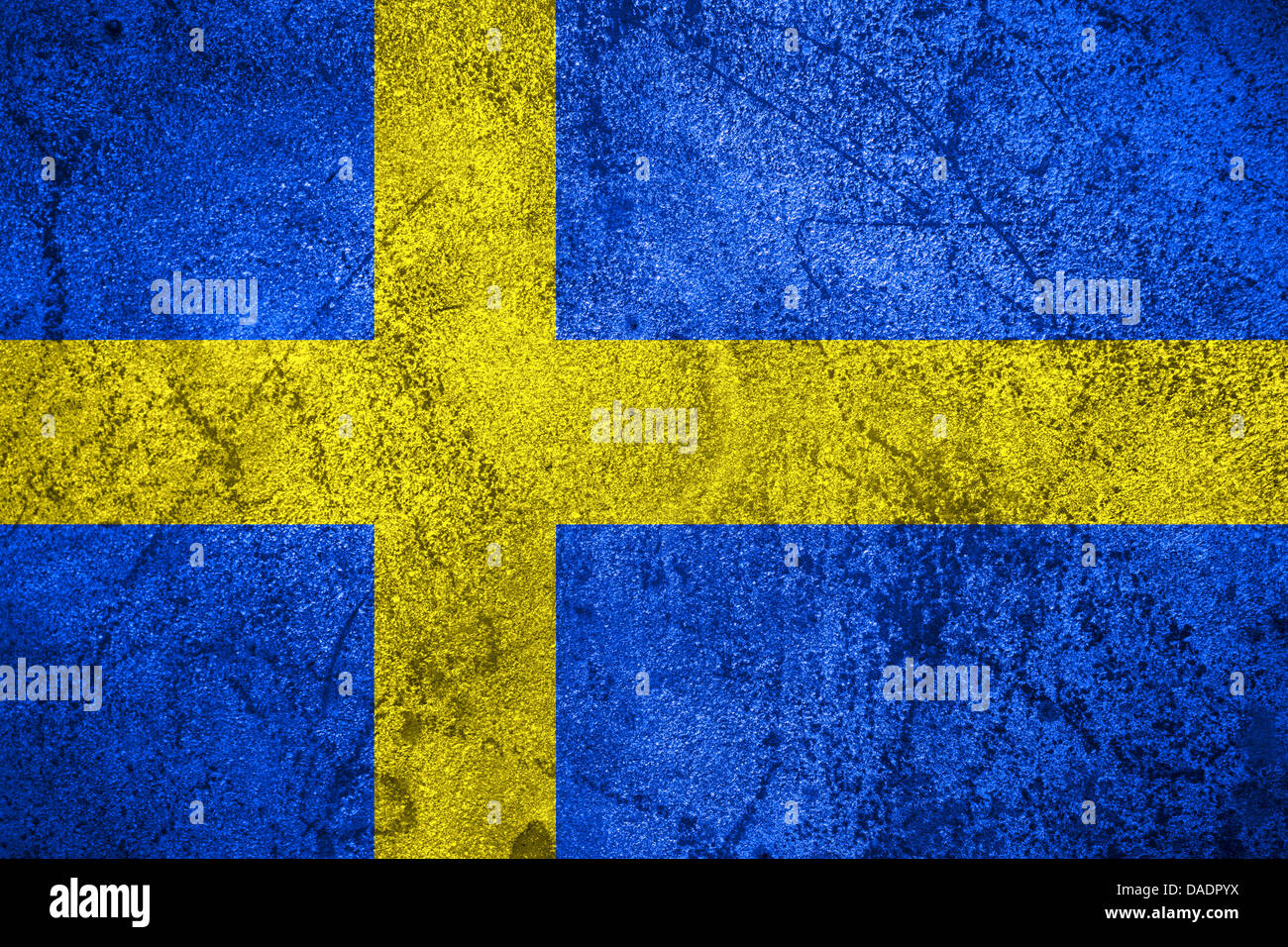 flag of Sweden or Swedish banner on rough metal background Stock Photo