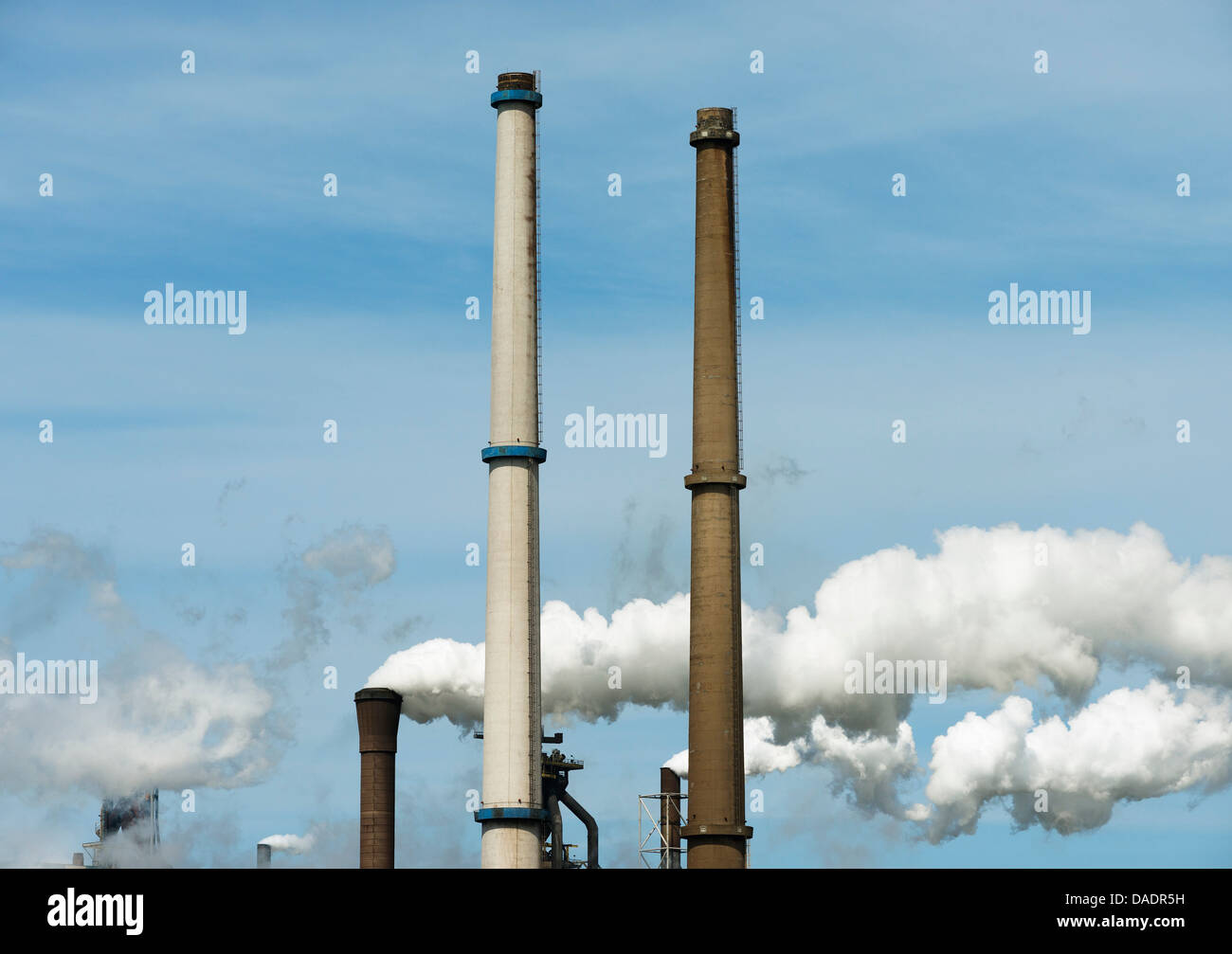 Close up of steelwork chimneys , IJmuiden, Netherlands Stock Photo