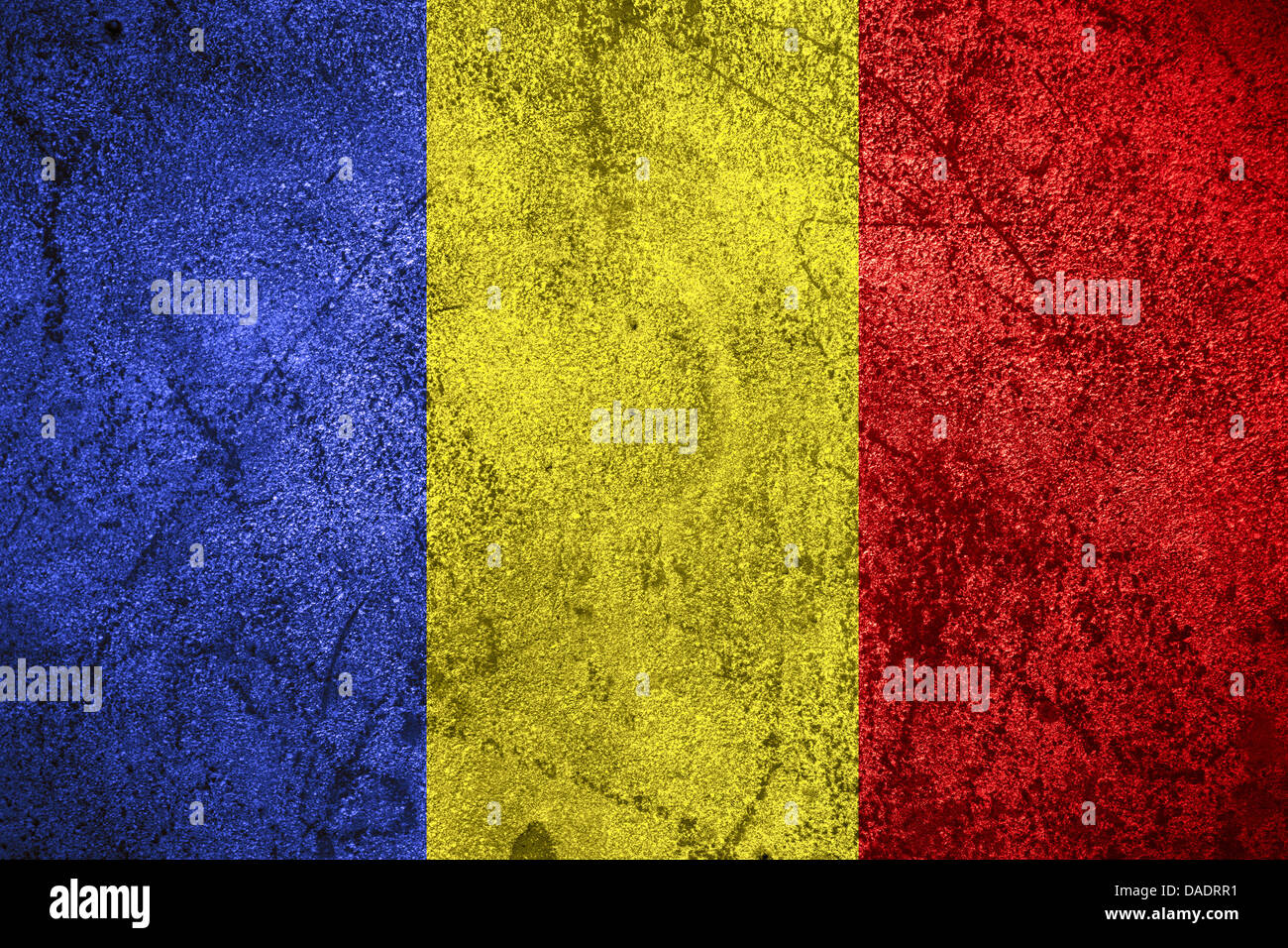 flag of Romania or Romanian banner on rough metal background Stock Photo