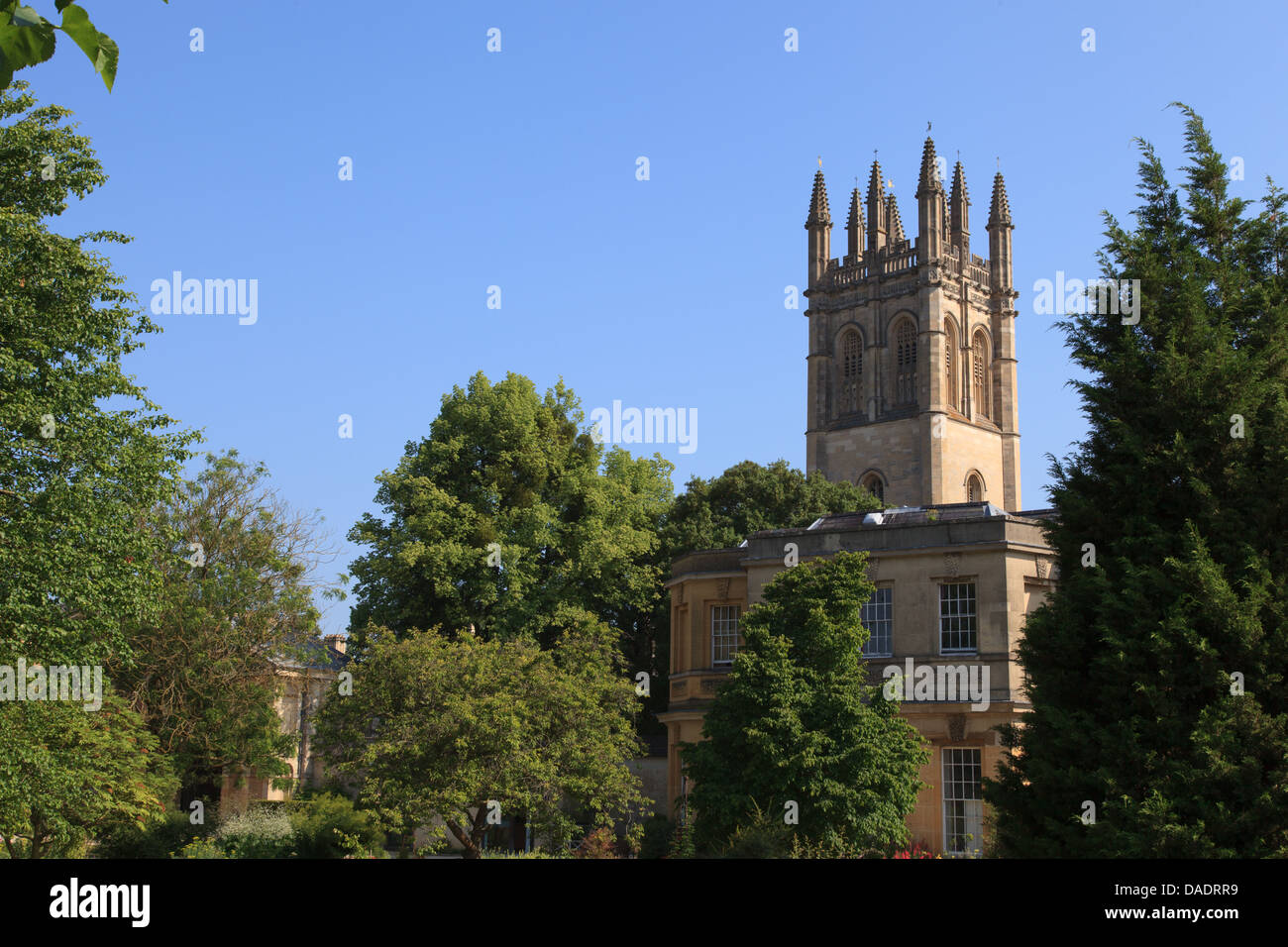Magdalen Tower viewed from Oxford University Botanic Gardens, Oxford, UK Stock Photo