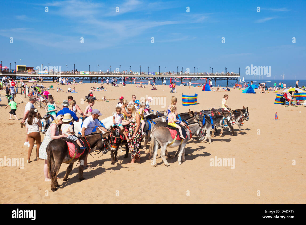 Donkeys on Beach with Pier Skegness Lincolnshire england UK GB Europe Stock Photo