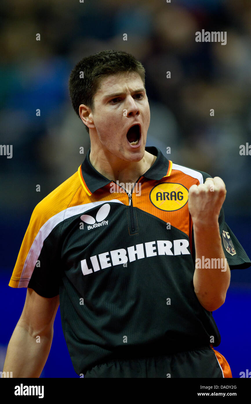 German table tennis player Dimitrij Ovtcharov celebrates his semi final