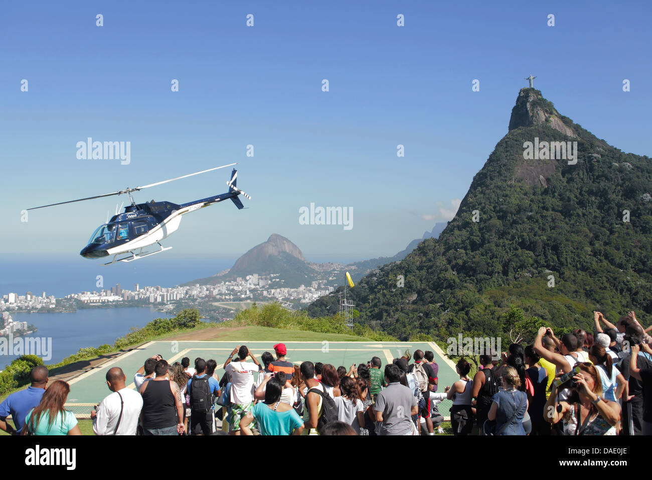 Christ the Redeemer helicopter take off  in Rio de Janeiro Stock Photo