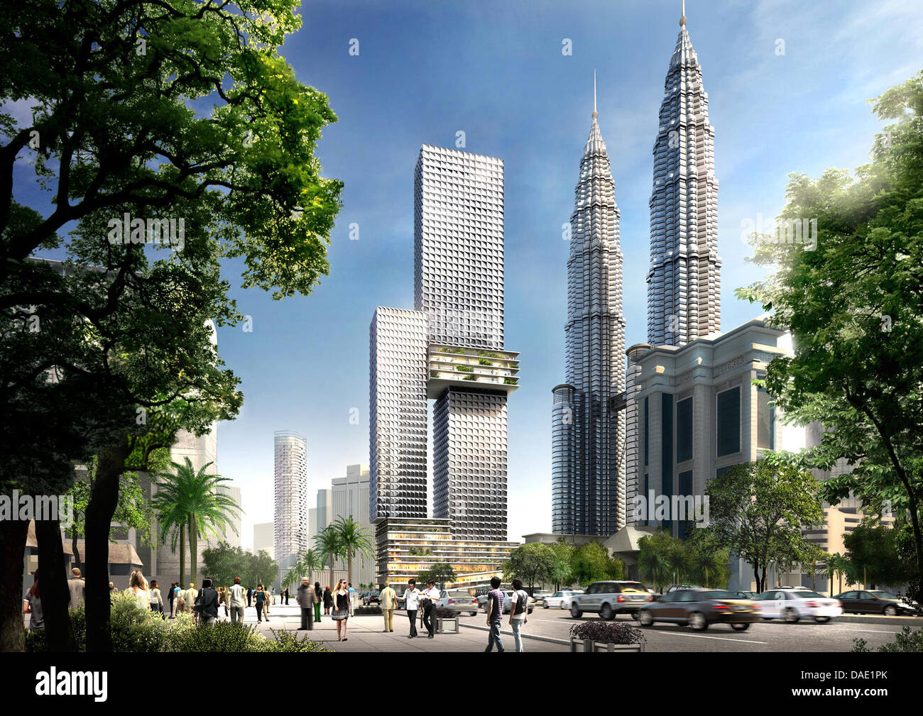 An undated computer simulation shows a draft of the Angkasa Raya highriser in Malaysia's capital Kuala Lumpur presented in Karlsruhe, Germany. Karlsruhe-based Ole Scheeren wants to use the 268-metre-high tower to make highriser more publically accessible. The 40-year-old presented the plans for his 5-block-building on 08 November 2011. Photo: Kevin Ou/Architekturbuero Ole Scheeren Stock Photo
