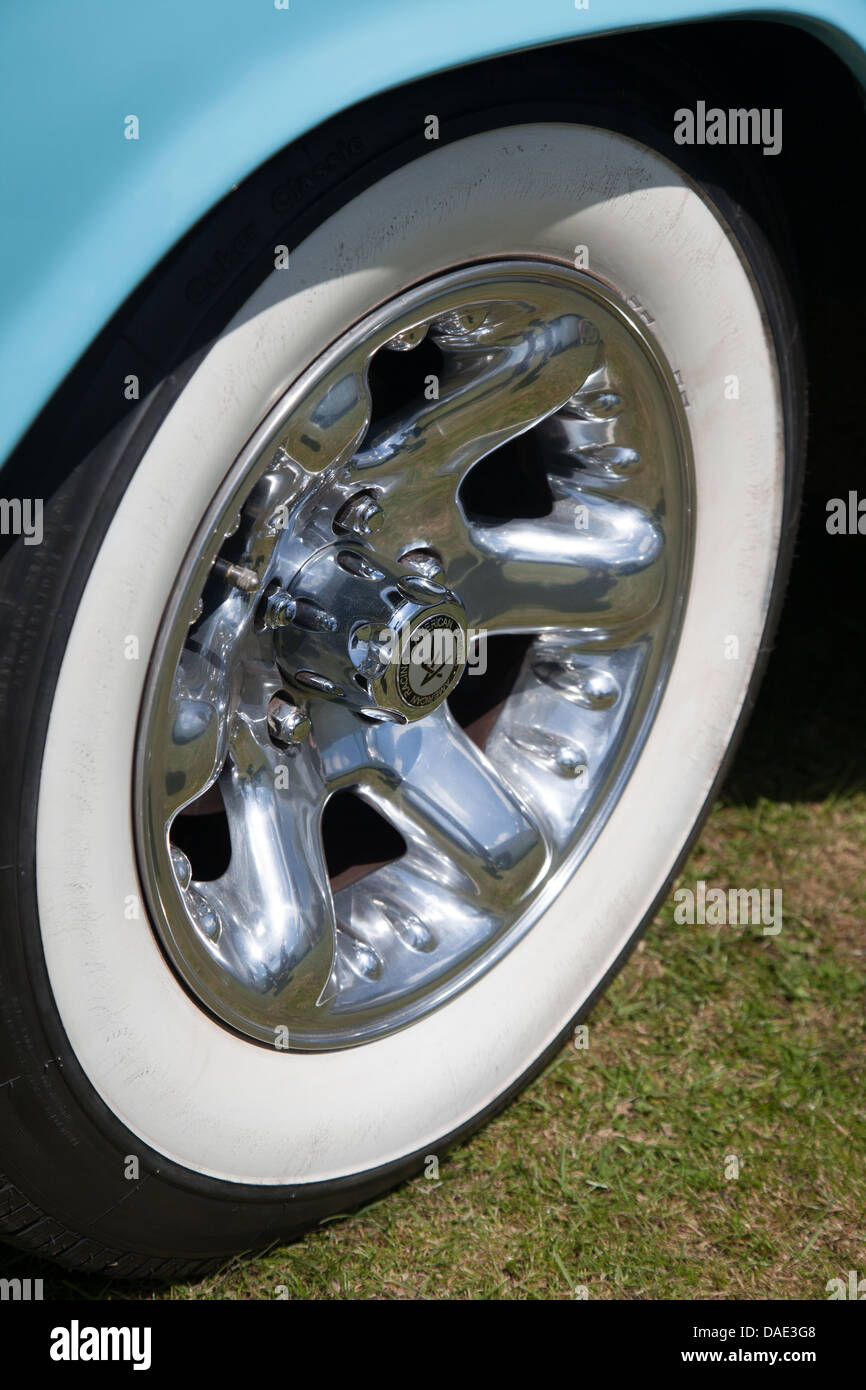 White rimmed wheel of vintage Chevrolet American classic car Stock