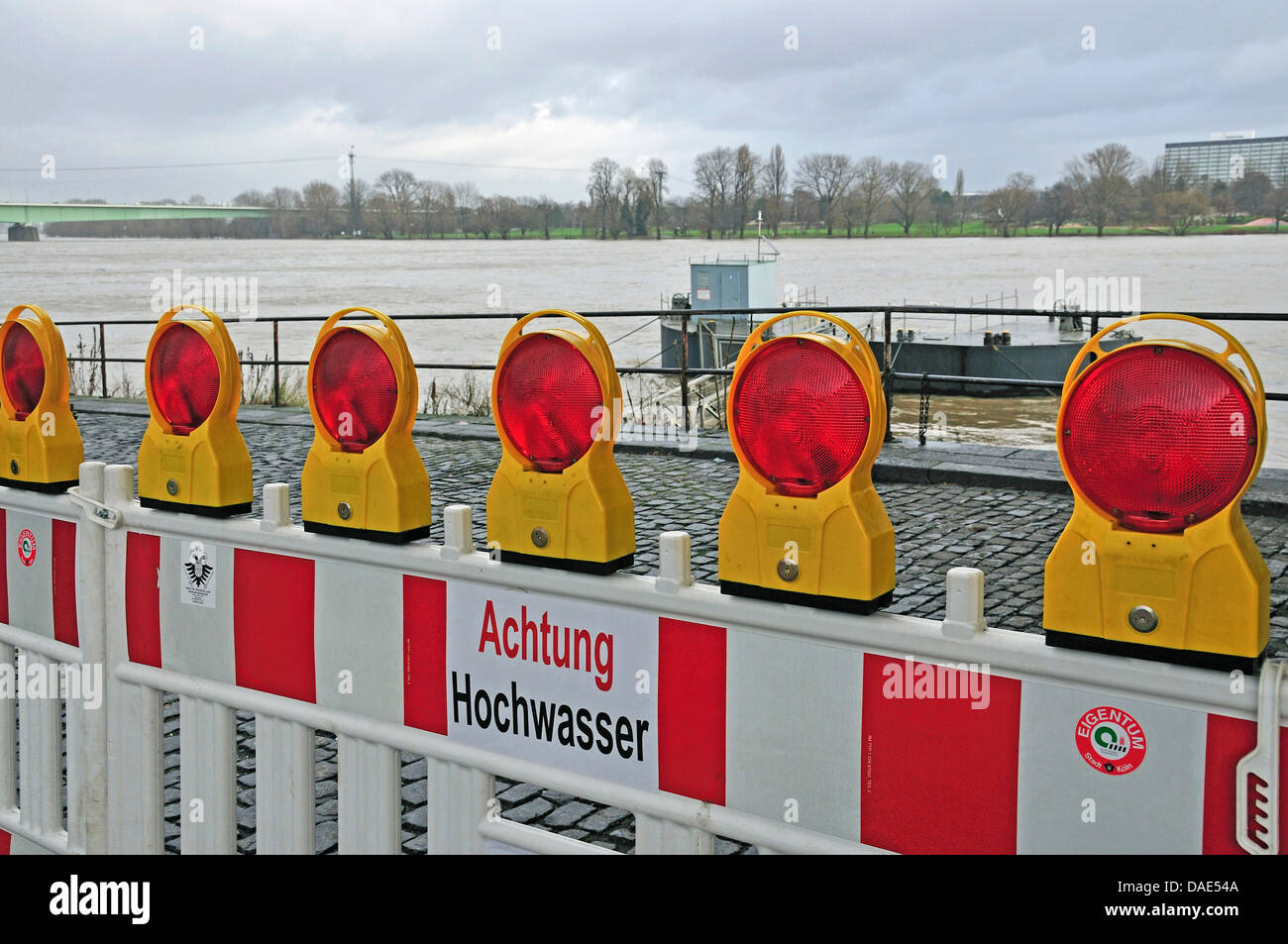 barricades promenade of Rhine river at high watermark, Germany, North Rhine-Westphalia, Cologne Stock Photo