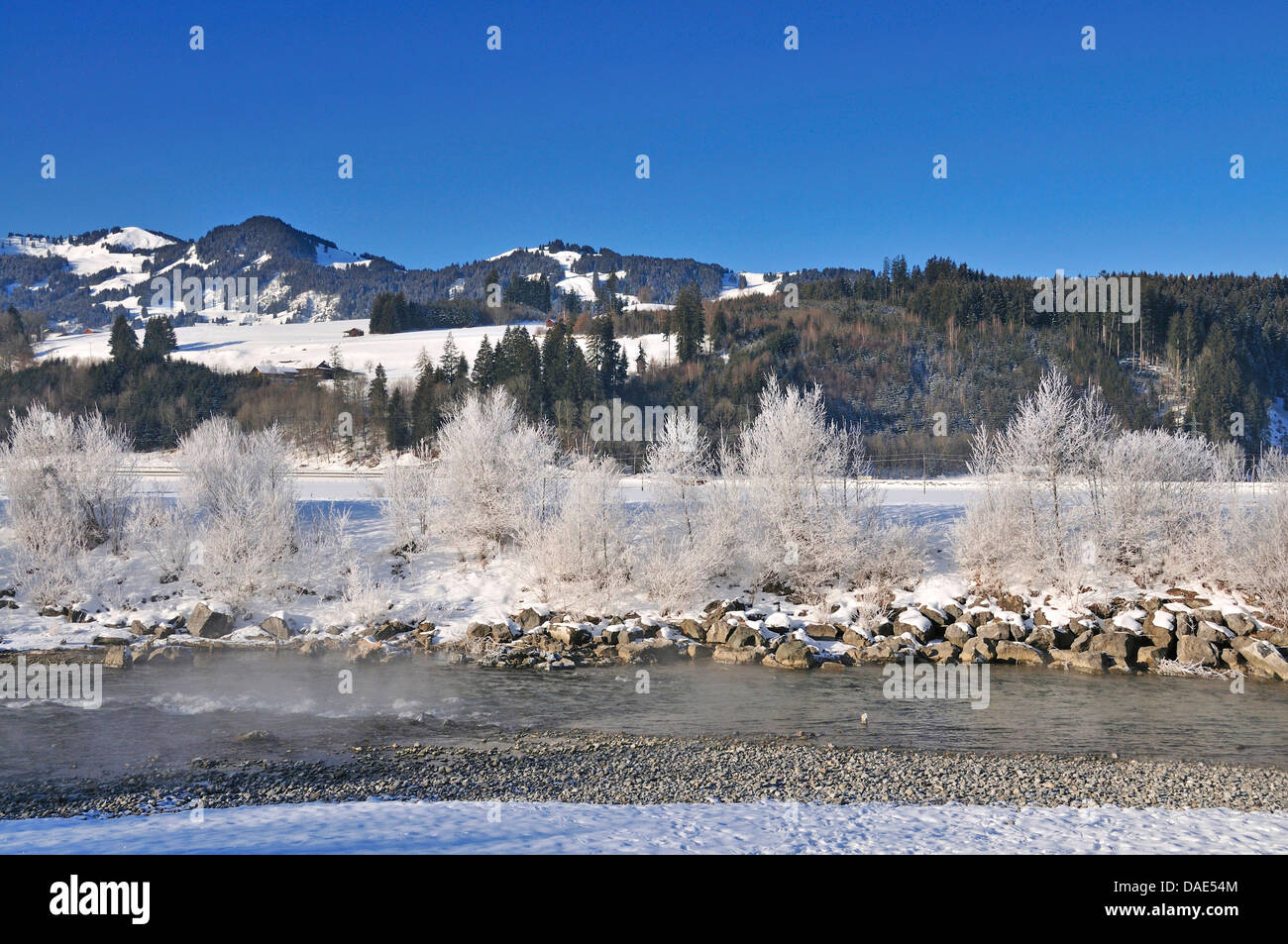 Iller River in winter, Germany, Bavaria, Allgaeu, Oberstdorf Stock Photo