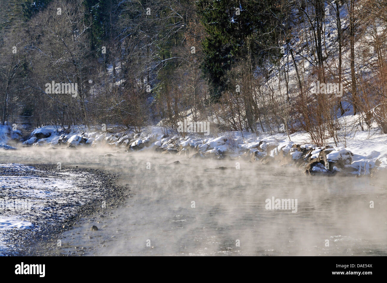 steaming Iller river in winter, Germany, Bavaria, Allgaeu, Oberstdorf Stock Photo