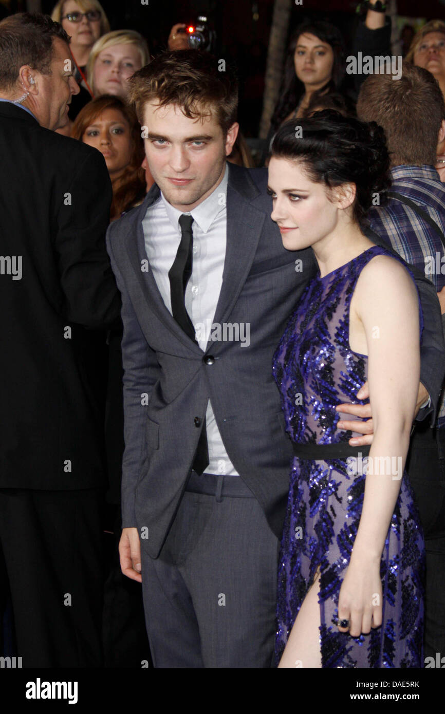 British actor Robert Pattinson and US actress Kristen Stewart arrive for the World Premiere of 'The Twilight Saga: Breaking Dawn - Part 1' at Nokia Theatre at L.A. Live in Los Angeles, USA, 15 November 2011. Photo: Hubert Boesl Stock Photo