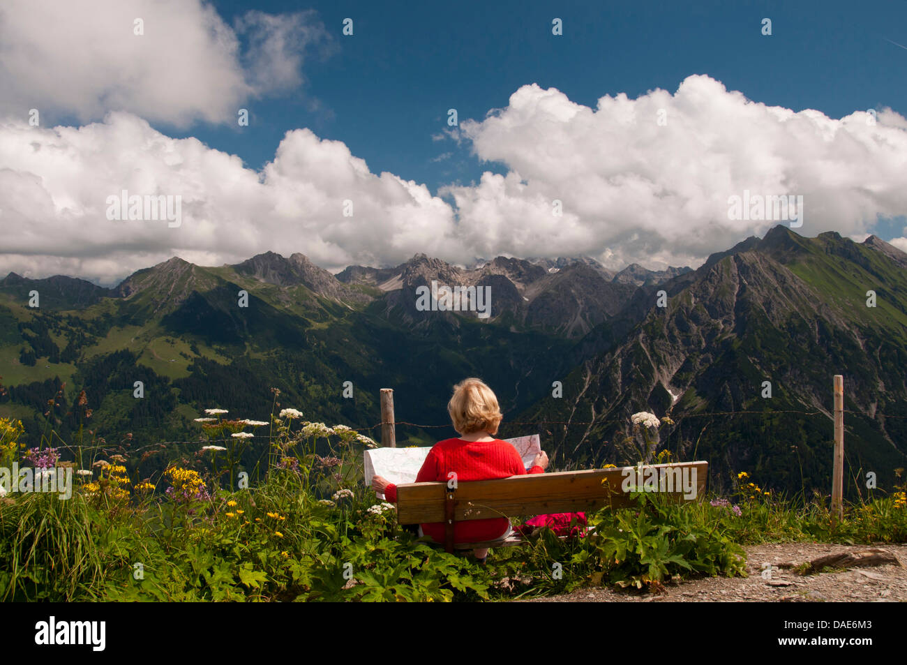 panoramic view from a bench at the Walmendinger Horn (1990 m) at the Allgaeu Alps in the East, Germany, Bavaria, Allgaeu Stock Photo