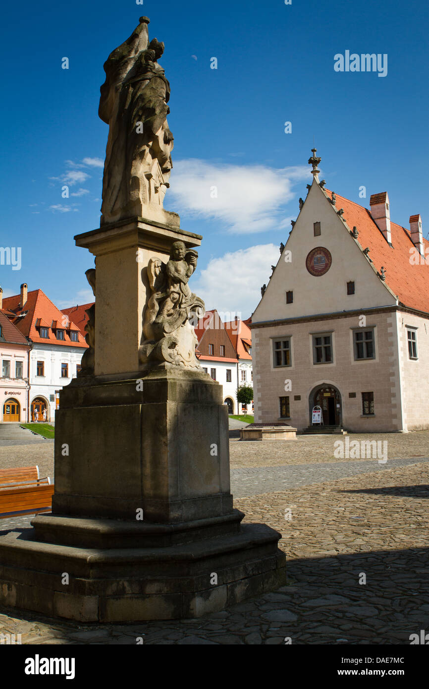 Bardejov - Radnicne square - medieval marketplace, with gothic town hall and Saint Florian statue in front. Stock Photo