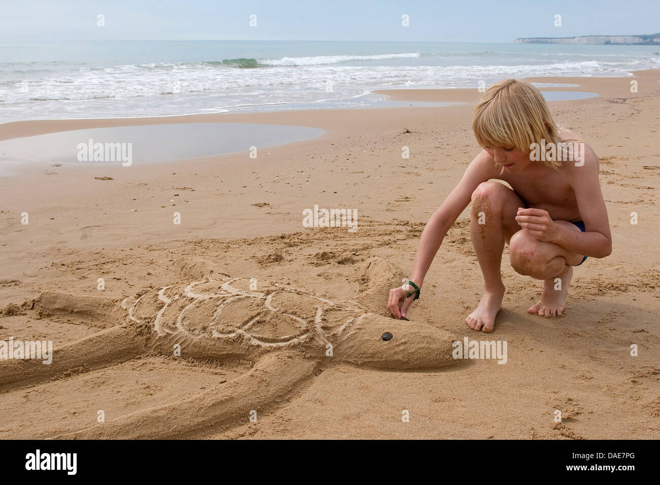 boy forming a sea turtle coming to shore for egg deposition at the beach in the sand, Italy, Sicilia Stock Photo