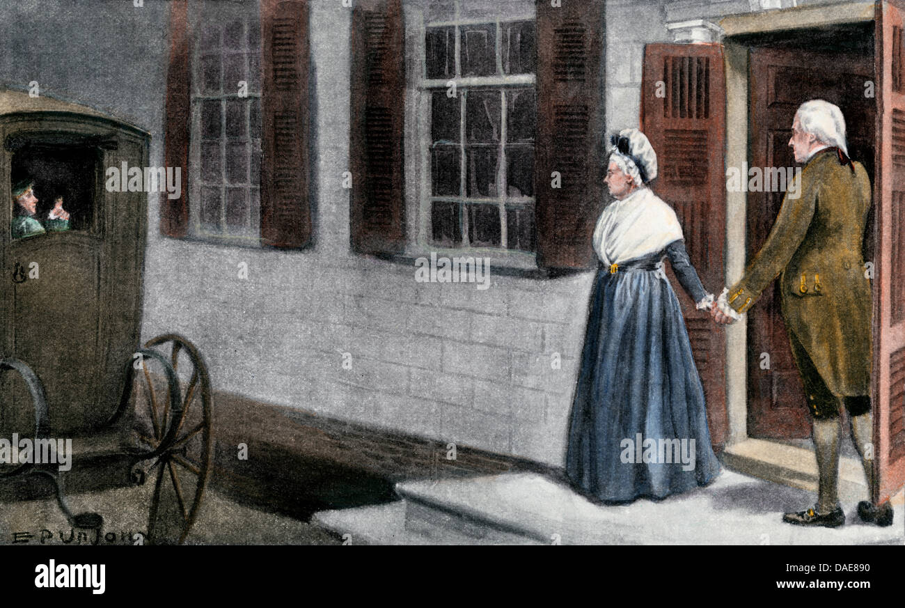 George Washington and his wife Martha saying farewell to guests at Mount Vernon. Hand-colored halftone of an illustration Stock Photo