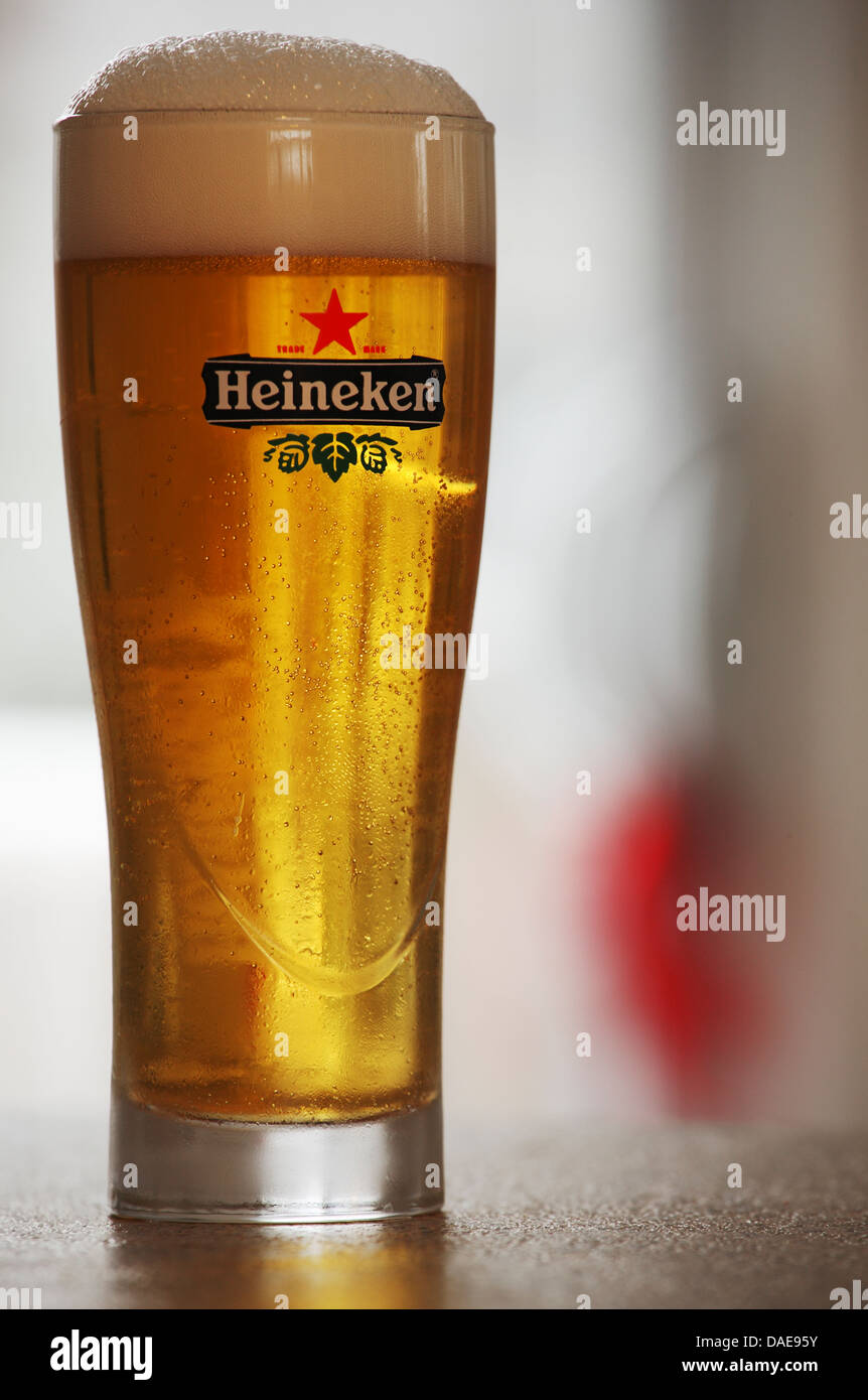 Closeup view of Heineken glass of beer. Stock Photo
