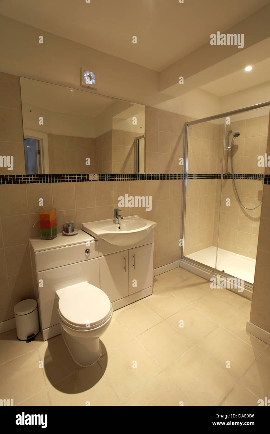 Interior of a Hotel bathroom with ceiling lights, shower cubicle, toilet  and furnishings Stock Photo - Alamy