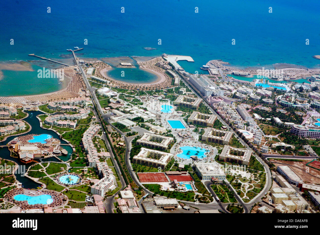 aerial view to hotel complex at the Red Sea coast, Egypt, Hurghada Stock Photo