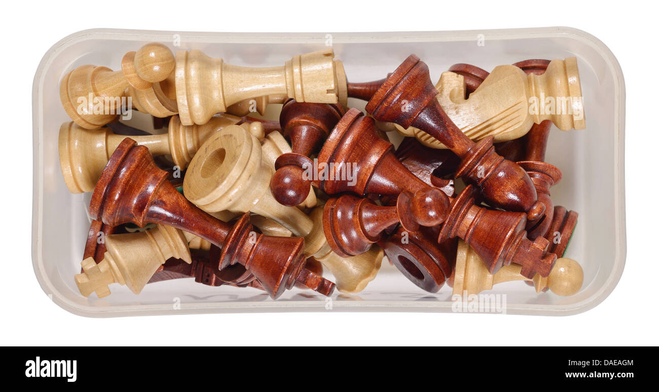 Box of wooden chess pieces Stock Photo