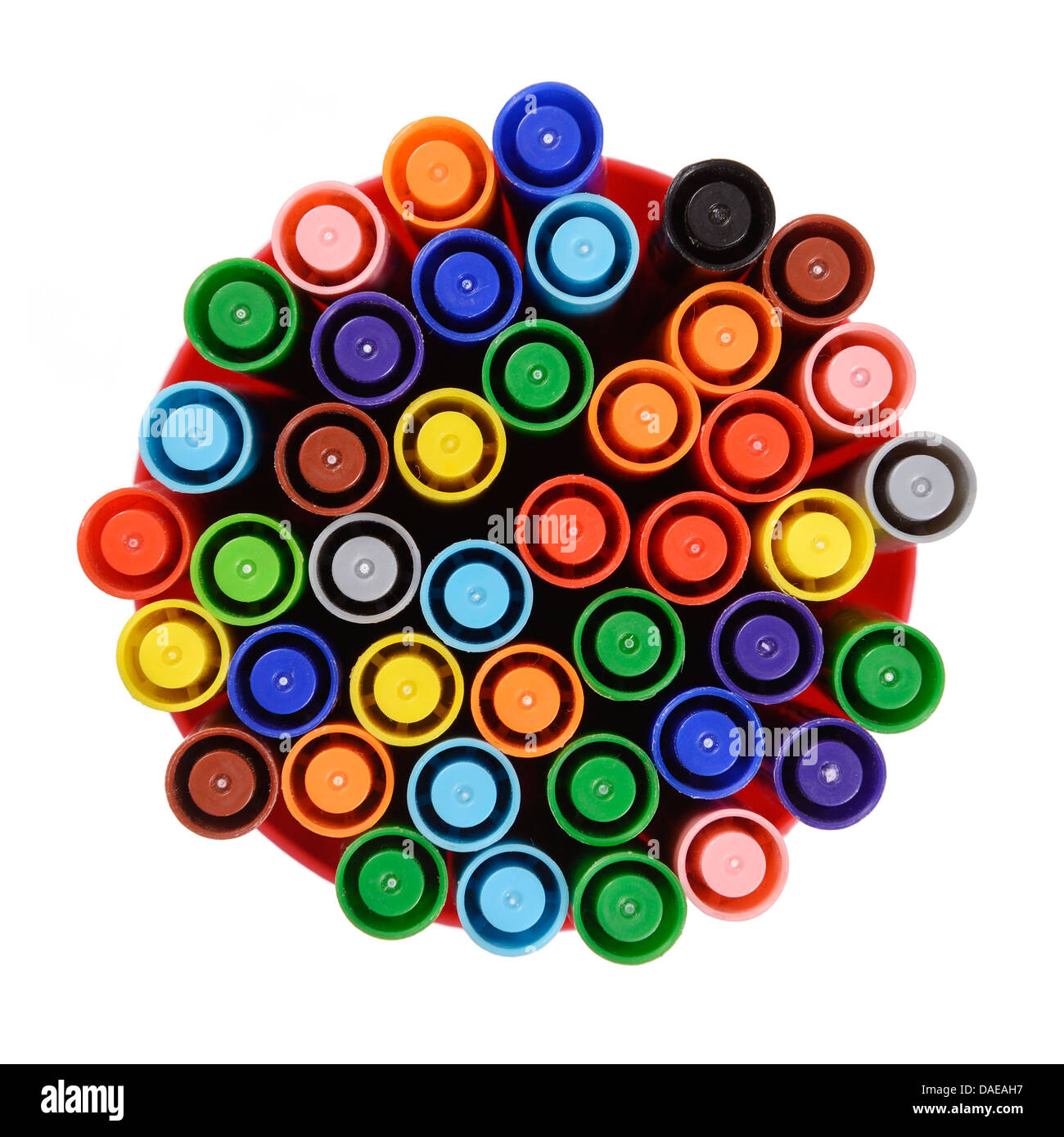 Tub of coloured marker pens Stock Photo