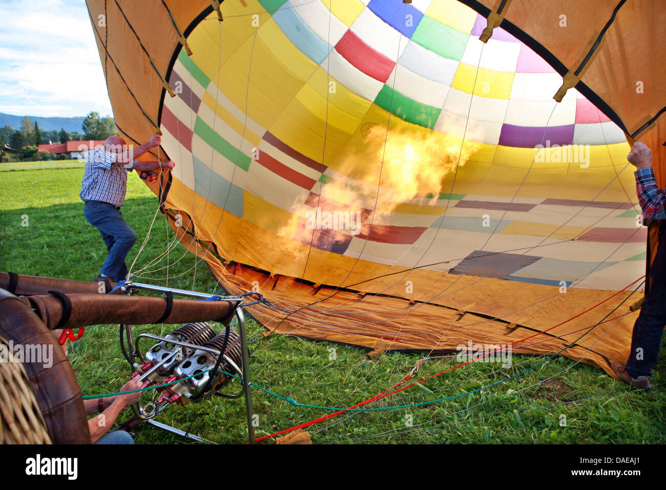 hot-air ballon will be filled and straitening up for the preparation of start , Germany Stock Photo
