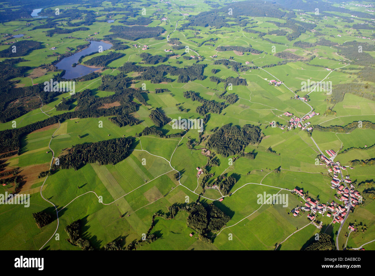 aerial view to Deutensee and Lauterbach, Germany, Bavaria, Allgaeu, Steingaden Stock Photo