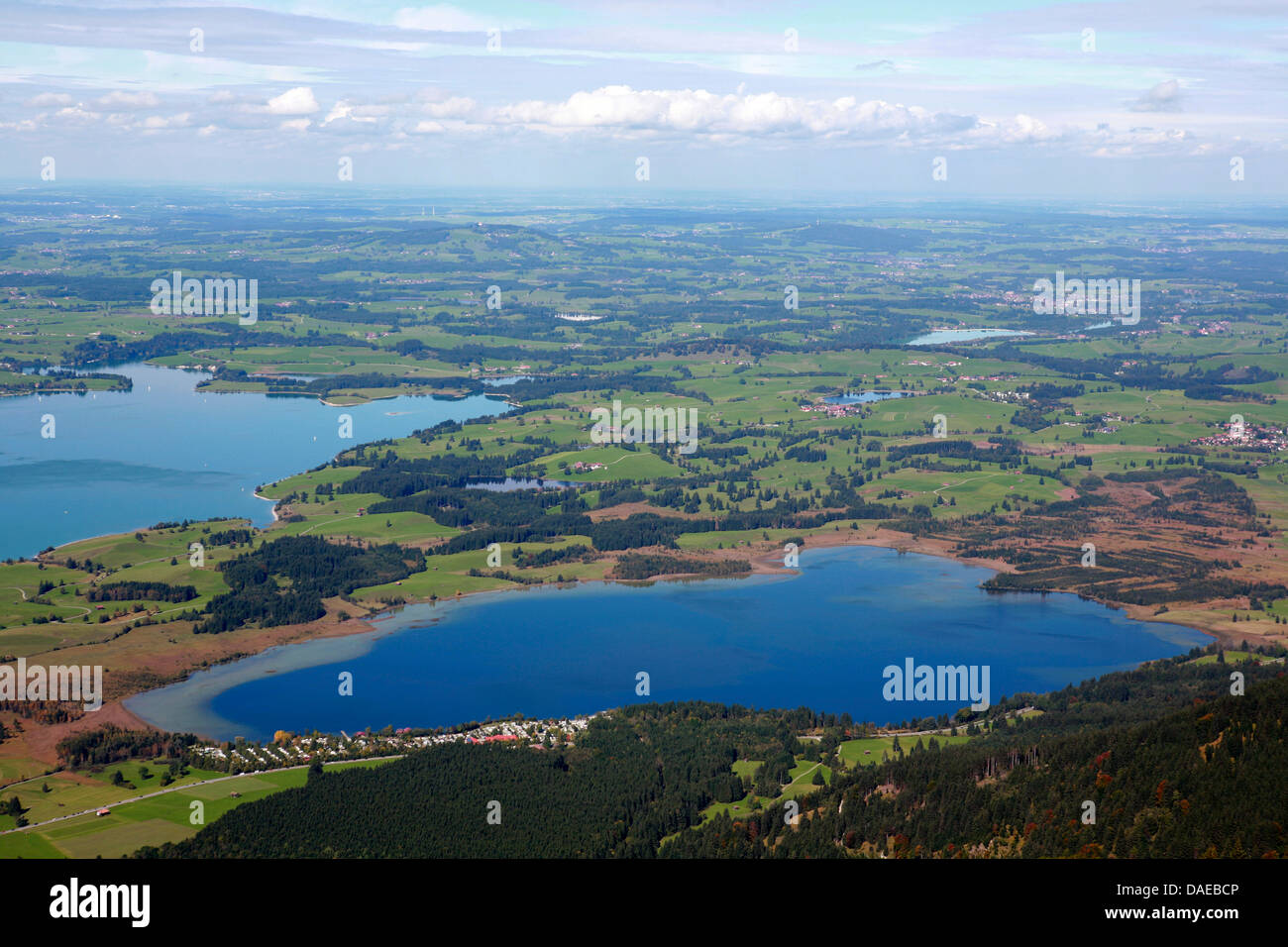 aerial view to Bannwaldsee and Forggensee, Germany, Bavaria, Allgaeu, Buching Stock Photo