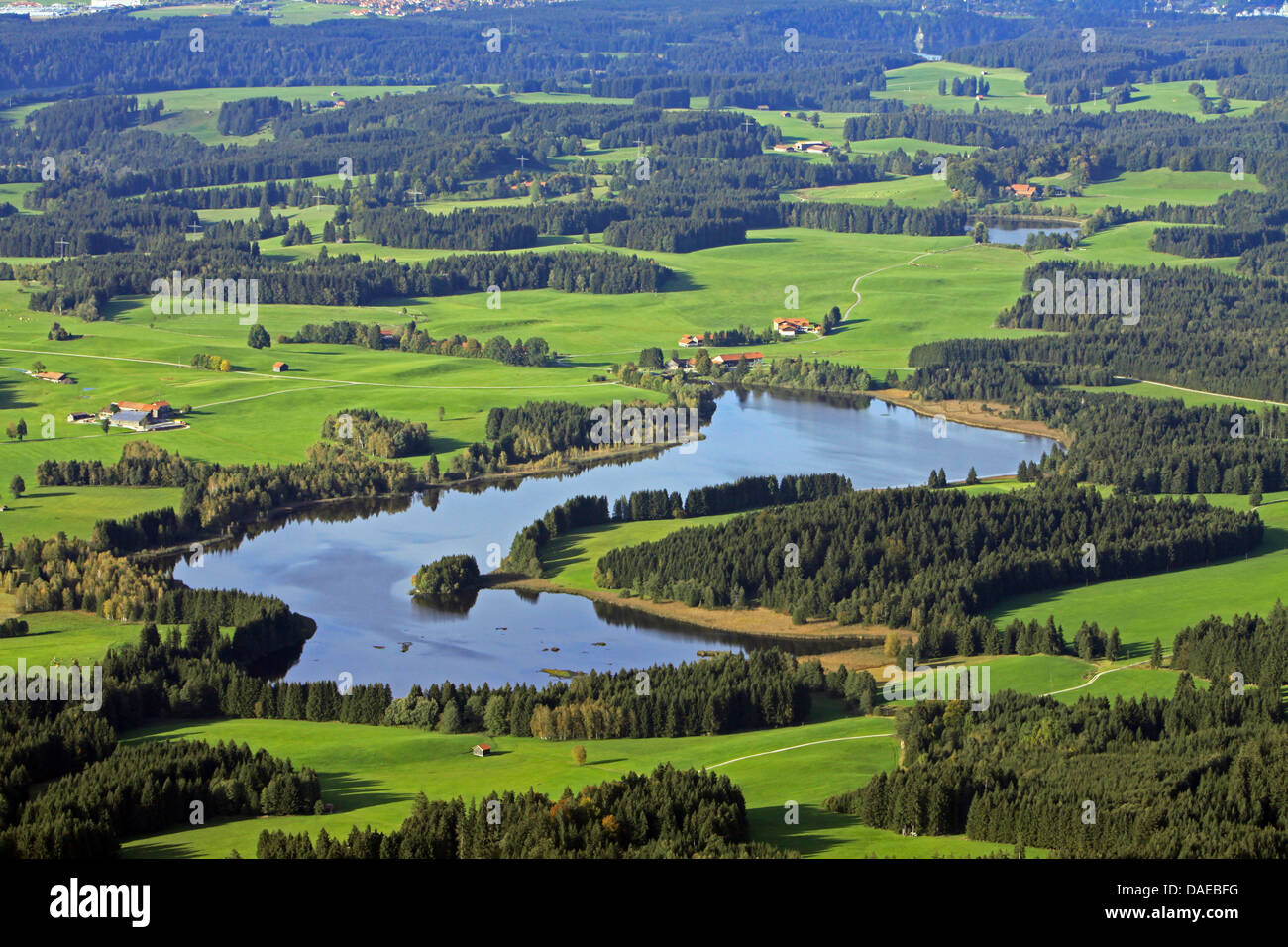aerial view to Deutensee, Germany, Bavaria, Allgaeu, Steingaden Stock Photo