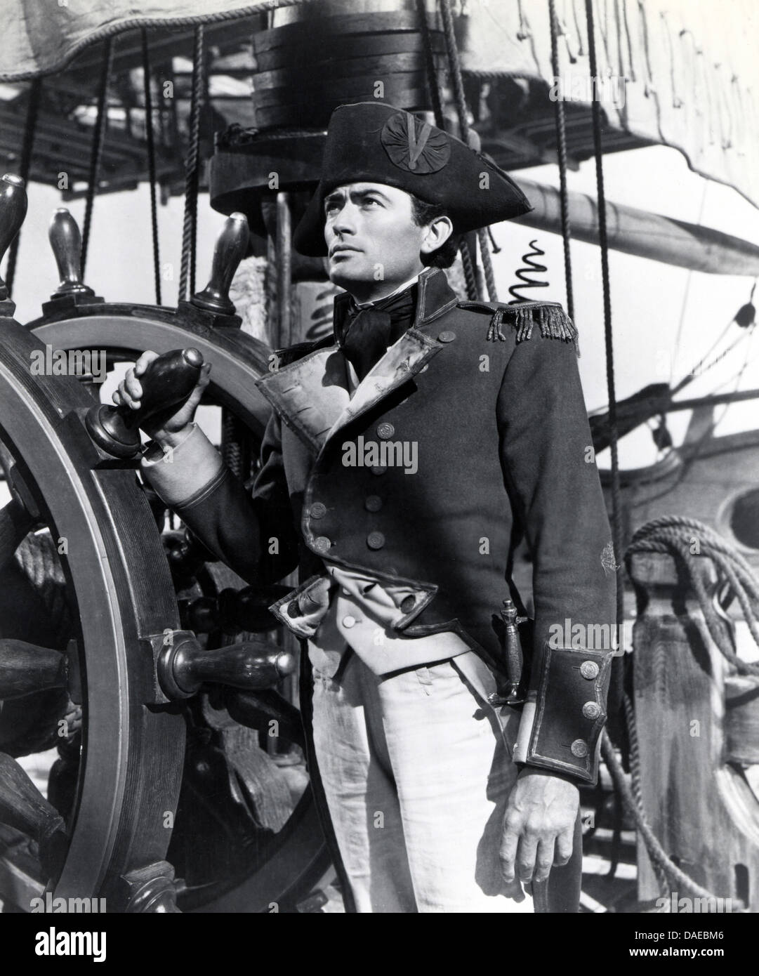 Gregory Peck on-set of the Film, 'Captain Horatio Hornblower', Warner Bros., 1951 Stock Photo
