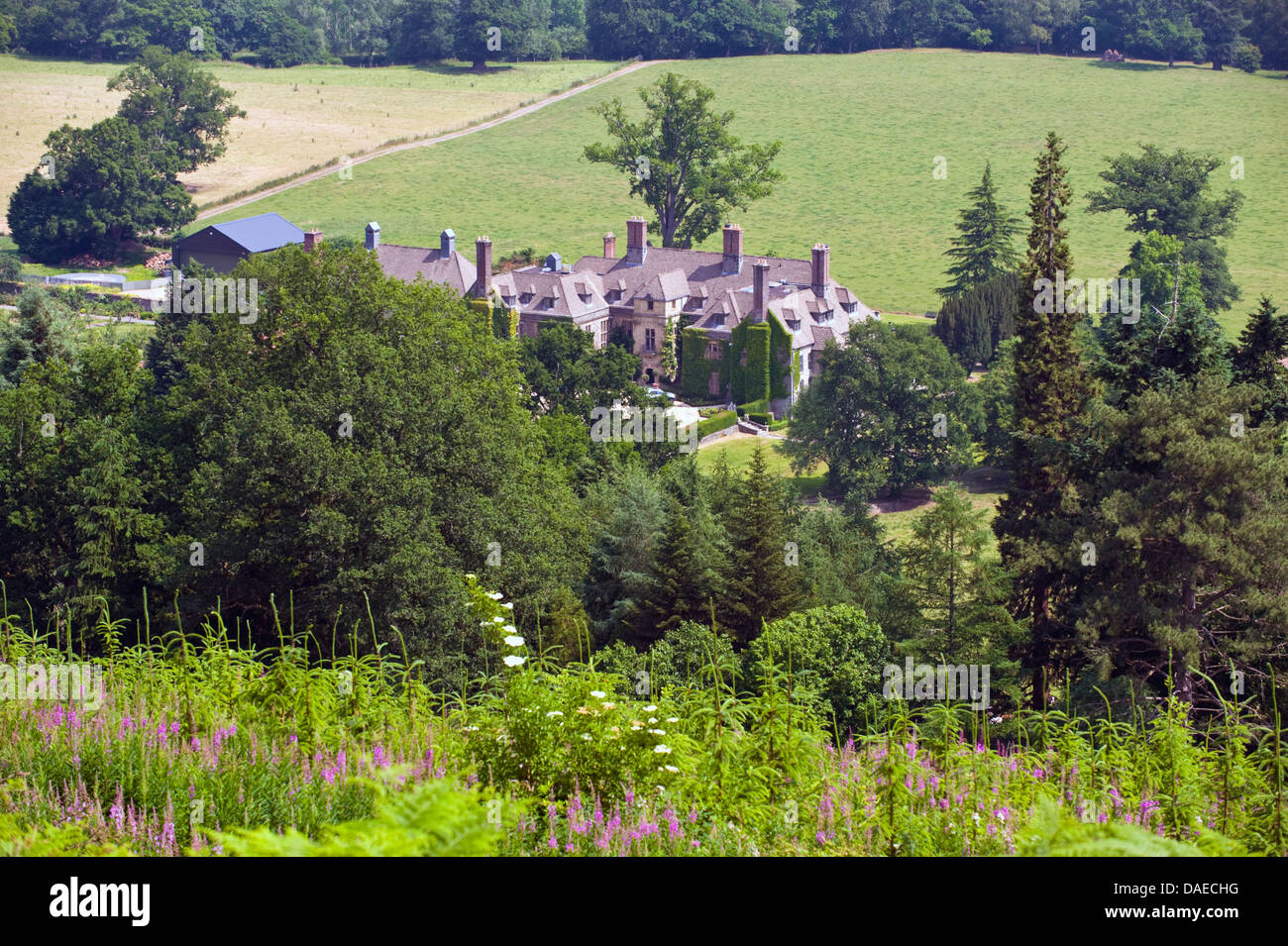 View over Llangoed Hall a luxury country house hotel near the village of Llyswen Powys Mid Wales UK Stock Photo