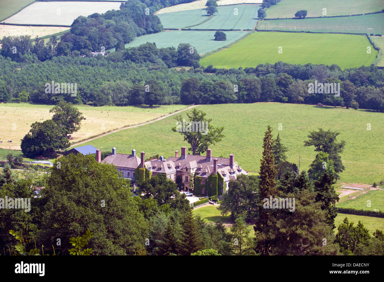 View over Llangoed Hall a luxury country house hotel near the village of Llyswen Powys Mid Wales UK Stock Photo