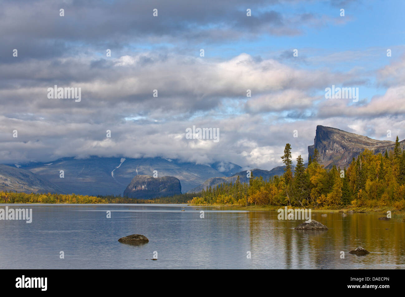 fjell landscape with Laitaure lake and the mountains Tjakelli, Nammatj and Skierffe , Sweden, Lapland, Sarek National Park, Norrbottens Laen Stock Photo