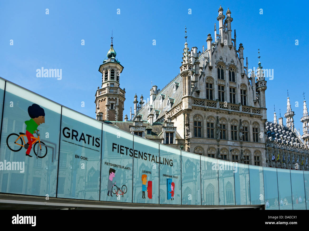 Free guarded underground bicycle shed for cyclists in the city centre of Leuven / Louvain, Belgium Stock Photo