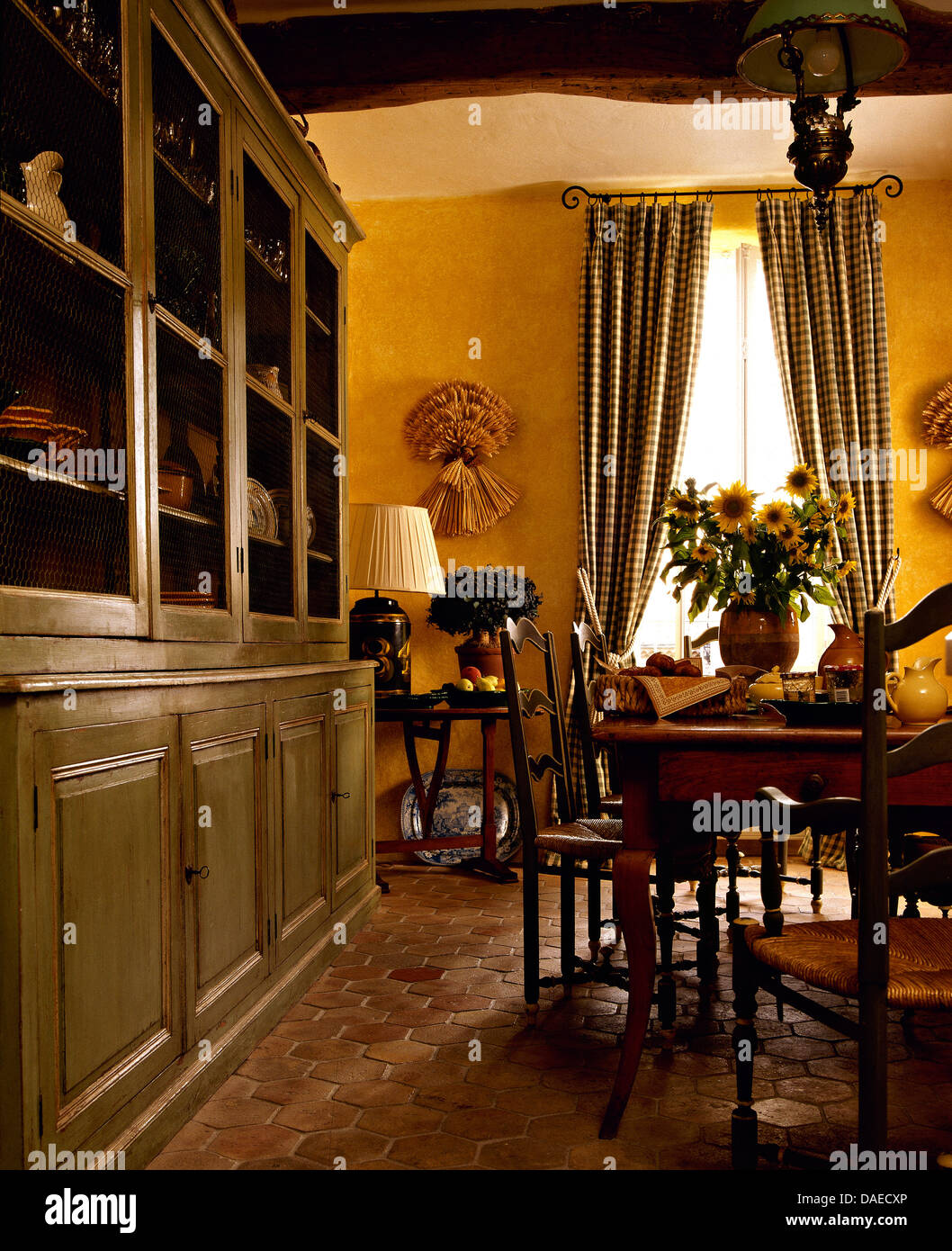 Large Painted Gray Green Dresser In Yellow French Country Dining