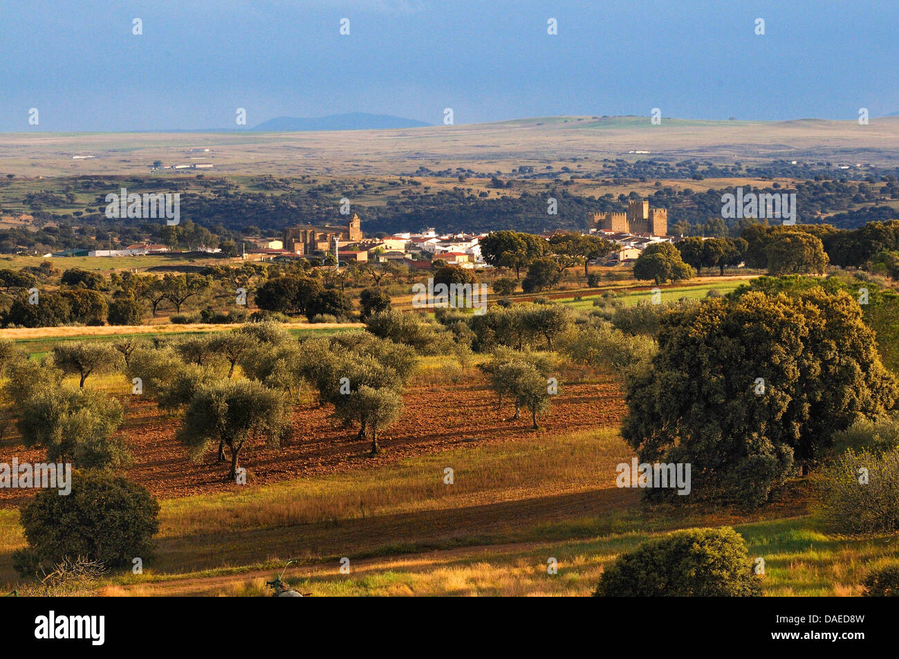 landscape of Extremadura in central spain and Monroy castle, Spain, Extremadura Stock Photo
