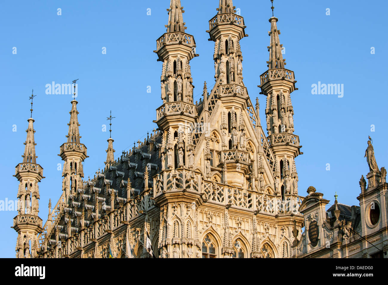The Gothic town hall in Brabantine Late Gothic style at the Grote Markt / Main Market square, Leuven / Louvain, Belgium Stock Photo