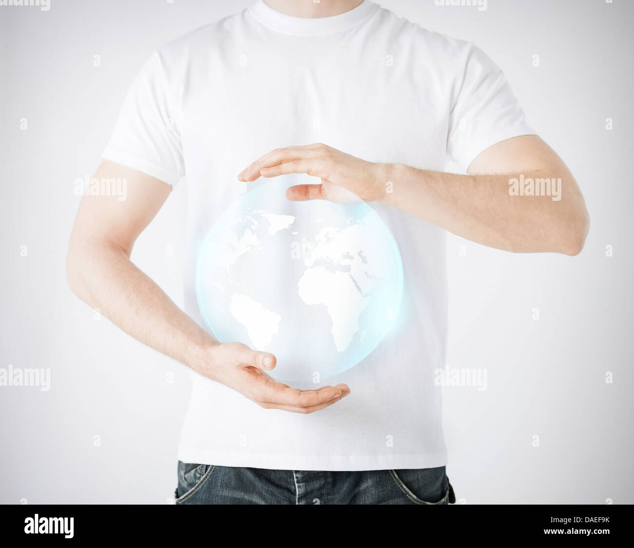 man hands holding sphere globe Stock Photo