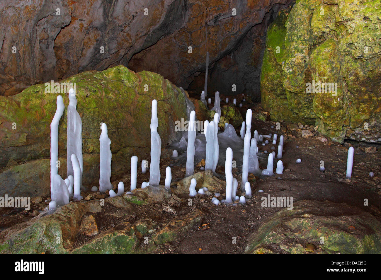ice stalagmites in a cave, Germany, Baden-Wuerttemberg, Ostalb Stock Photo