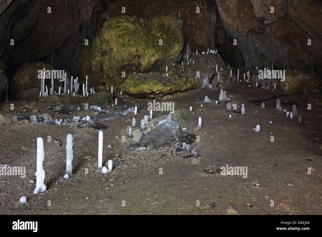 ice stalagmites in a cave, Germany, Baden-Wuerttemberg, Ostalb Stock Photo