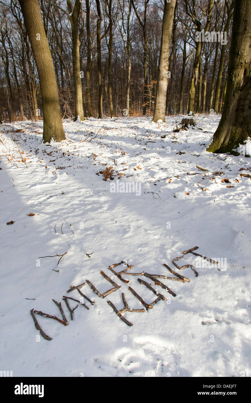 writing 'Naturkunst - nature art' in the snow, Germany Stock Photo