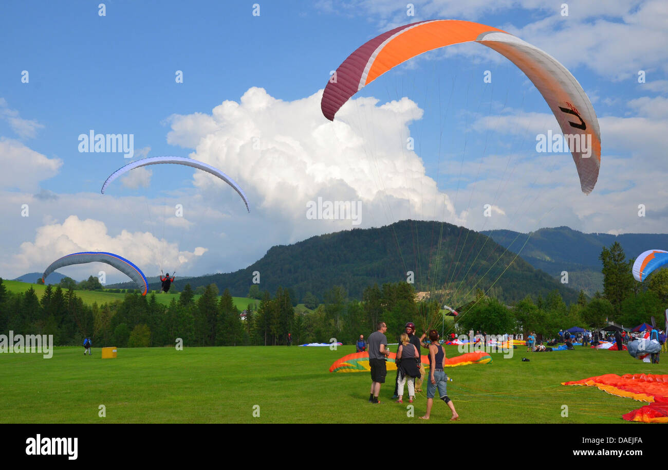 The landing site for the 2013 Paragliding Testival at Kössen in front of a beautiful mountain scenery! Stock Photo