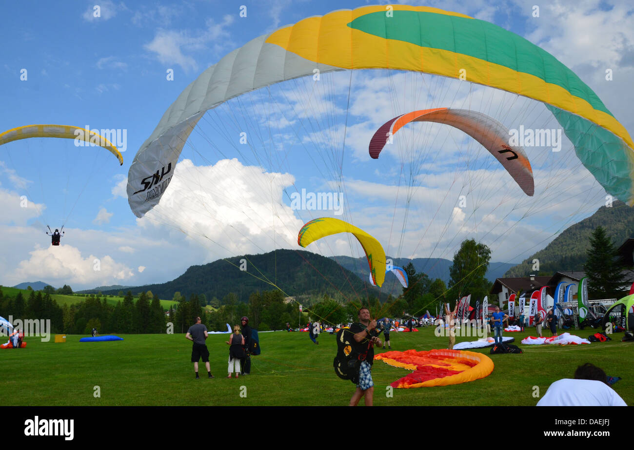 The landing site for the 2013 Paragliding Testival at Kössen in front of a beautiful mountain scenery! Stock Photo