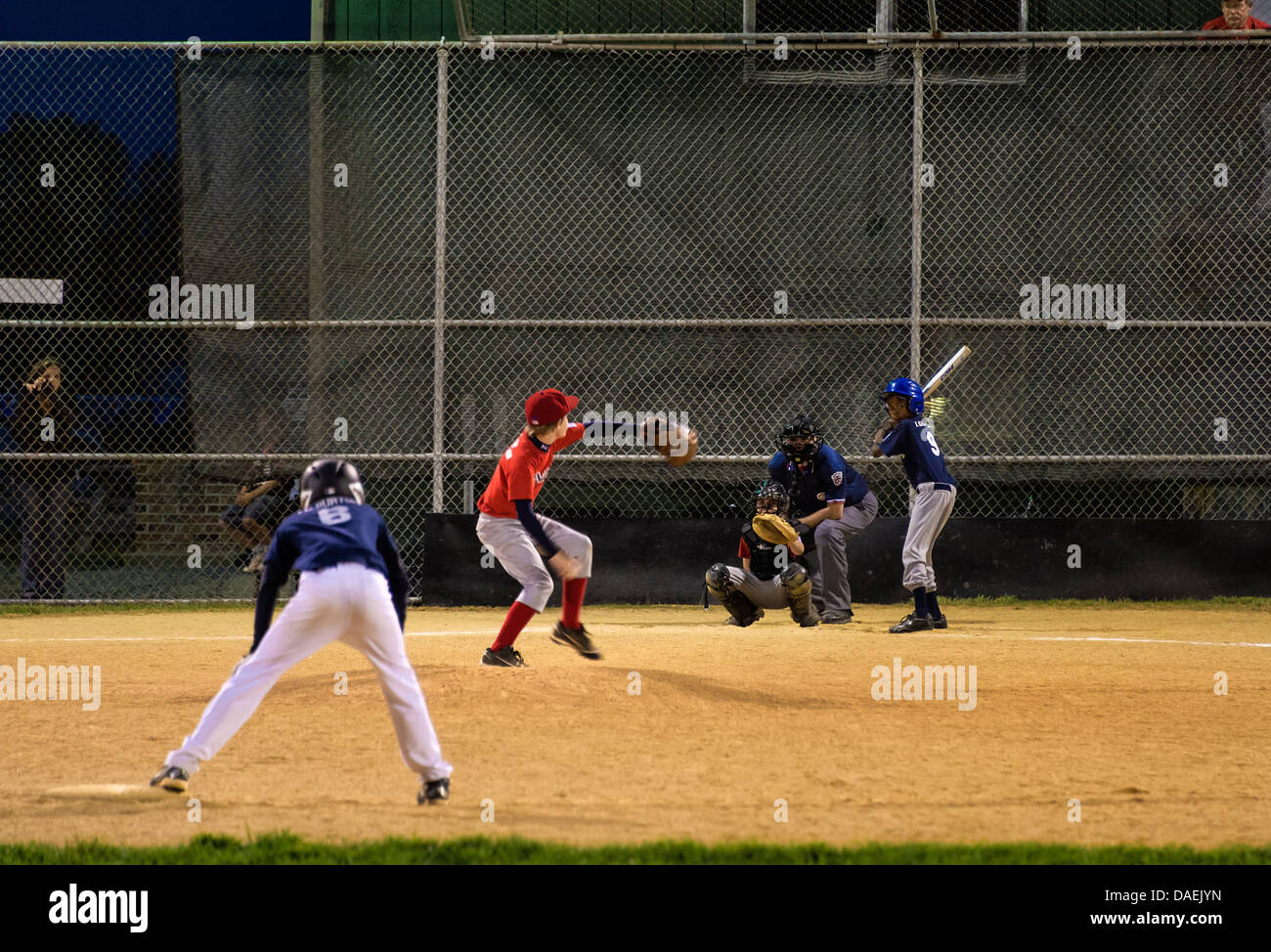 Little League baseball game at night, Delaware, USA Stock Photo