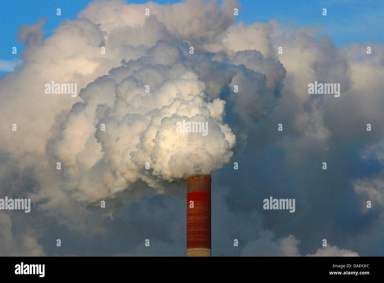 heavily smoking factory chimney, Germany, North Rhine-Westphalia, Ruhr Area Stock Photo