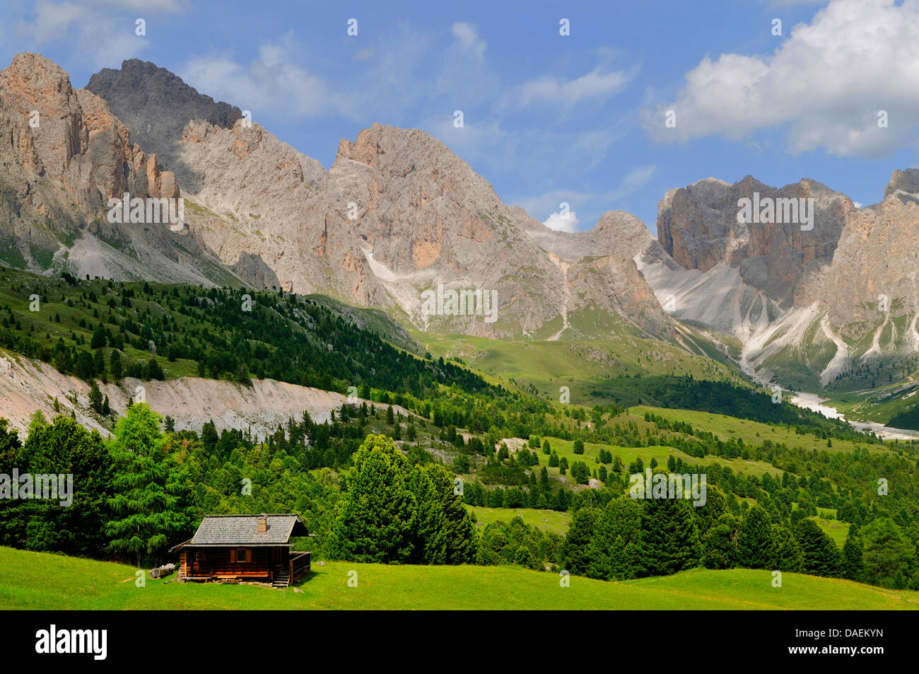 Alpine cabin in front of the Geisler-Group, Italy Stock Photo