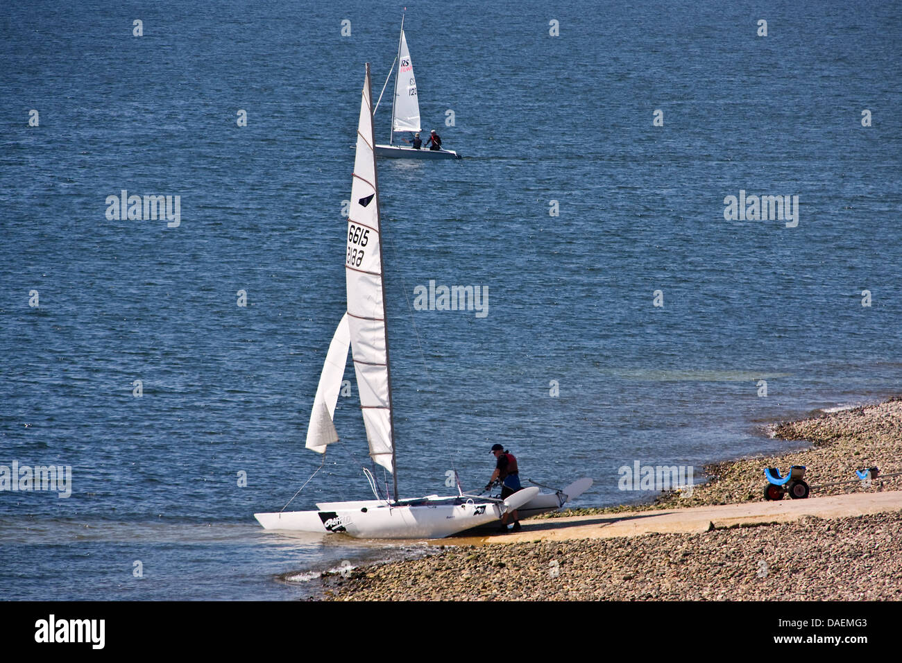 Yachts 6155 and 'RS 123' from the Royal Tay Yacht Club sailing out of Broughty Ferry Bay during a training session in Dundee,UK Stock Photo