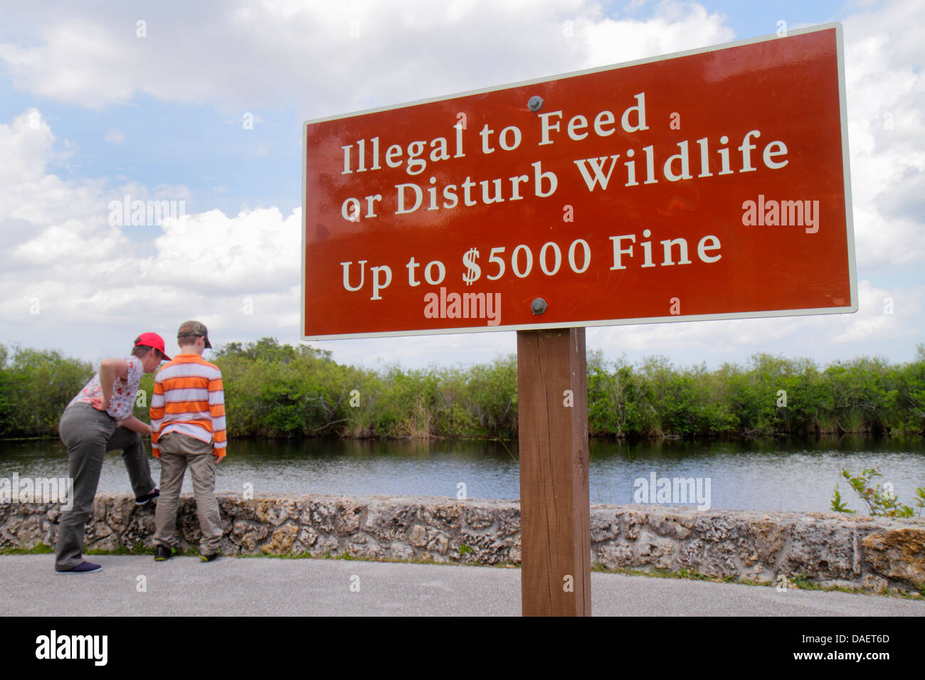 Miami Florida,Florida City,Everglades National Park,Main Park Road,Royal Palm Visitors Center,centre,sign,illegal to feed or disturb wildlife,fine,Anh Stock Photo