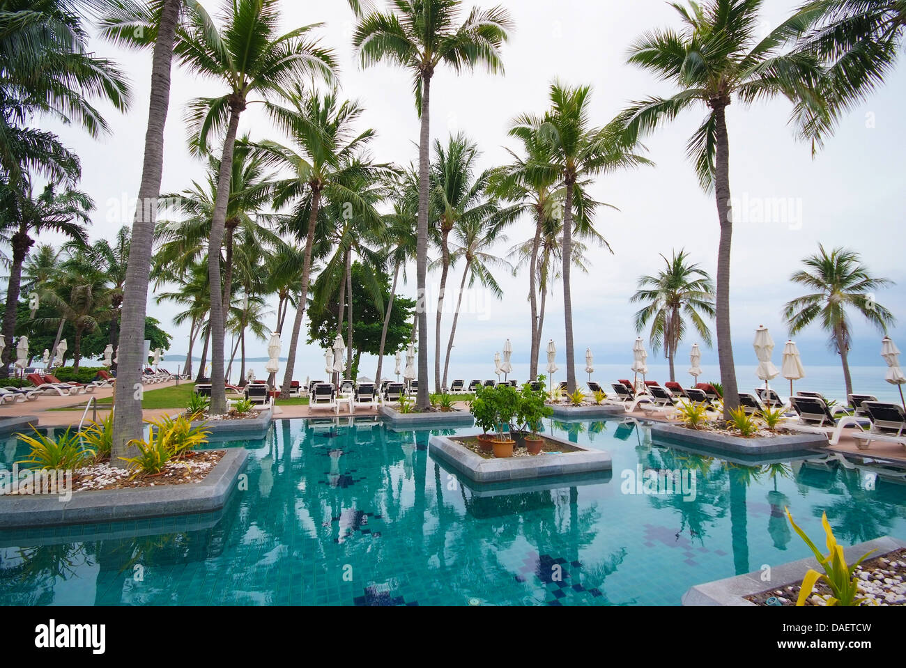 Swimming pool beside the sea with coconut tree modern luxury hotel, Samui island, Thailand Stock Photo