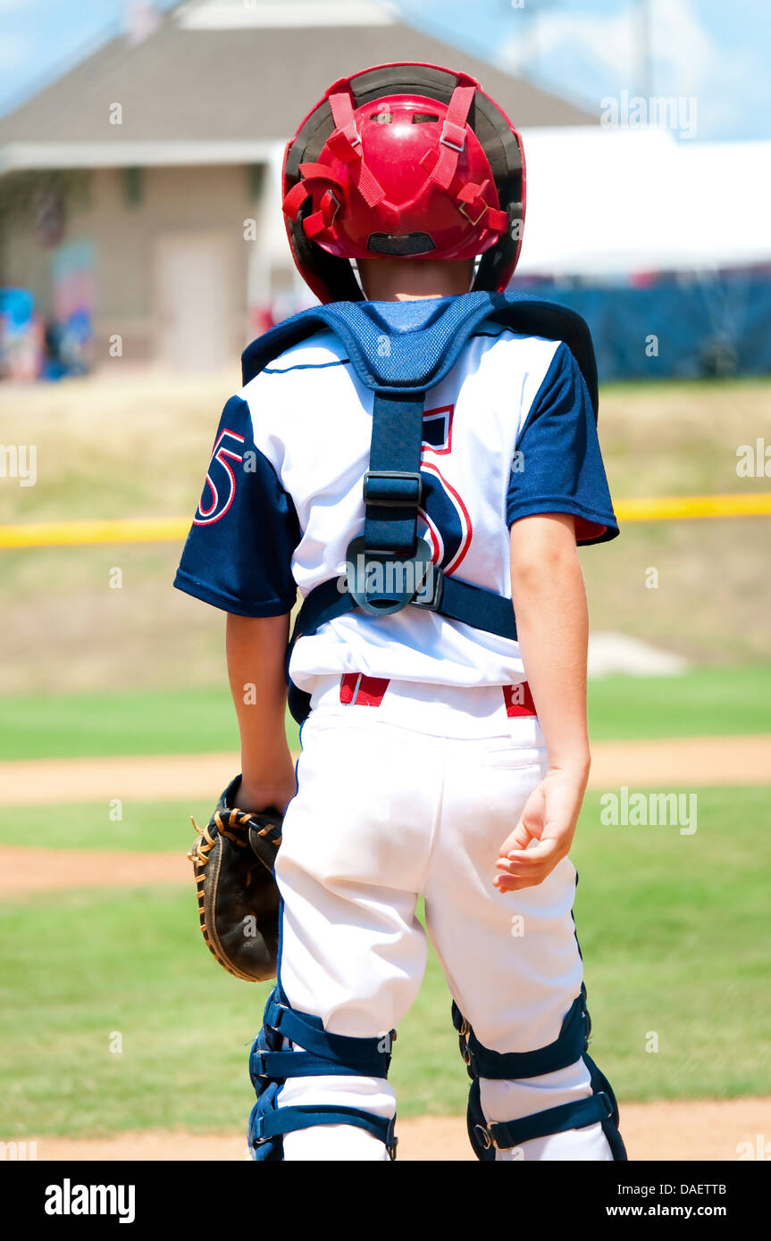 Youth Little League Baseball Catcher During A Game. Stock Photo